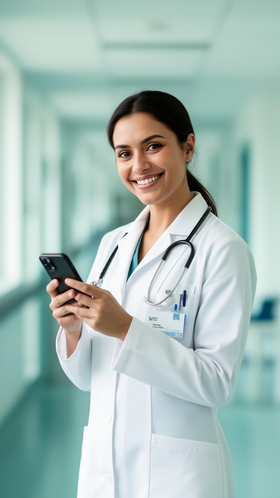 Doctor using MedScribe AI on a smartphone in a modern hospital corridor